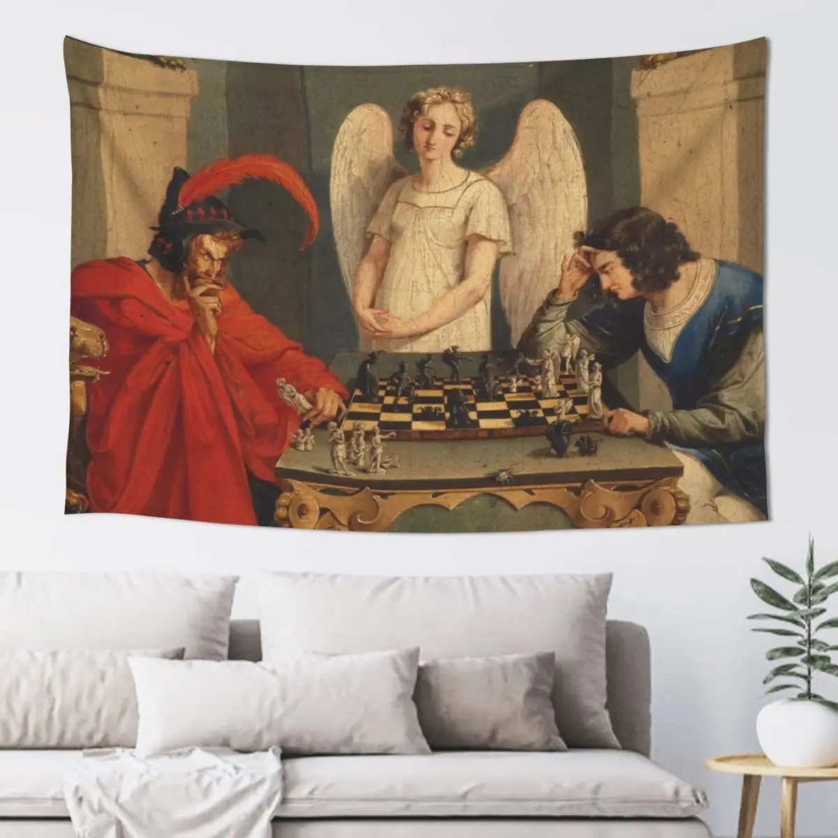 

Faust And Mephistopheles Playing Chess Tapestry Funny Room Aesthetic Decor Home Decoration Tapestry