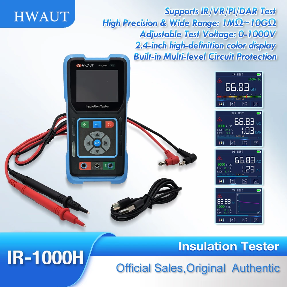 hwaut-ir-1000h-insulation-tester-digital-megohmmeter-1000v-megger-meter-10g-ohm-hd-color-screen-pi-dar-vr-ir-multimeter-tool