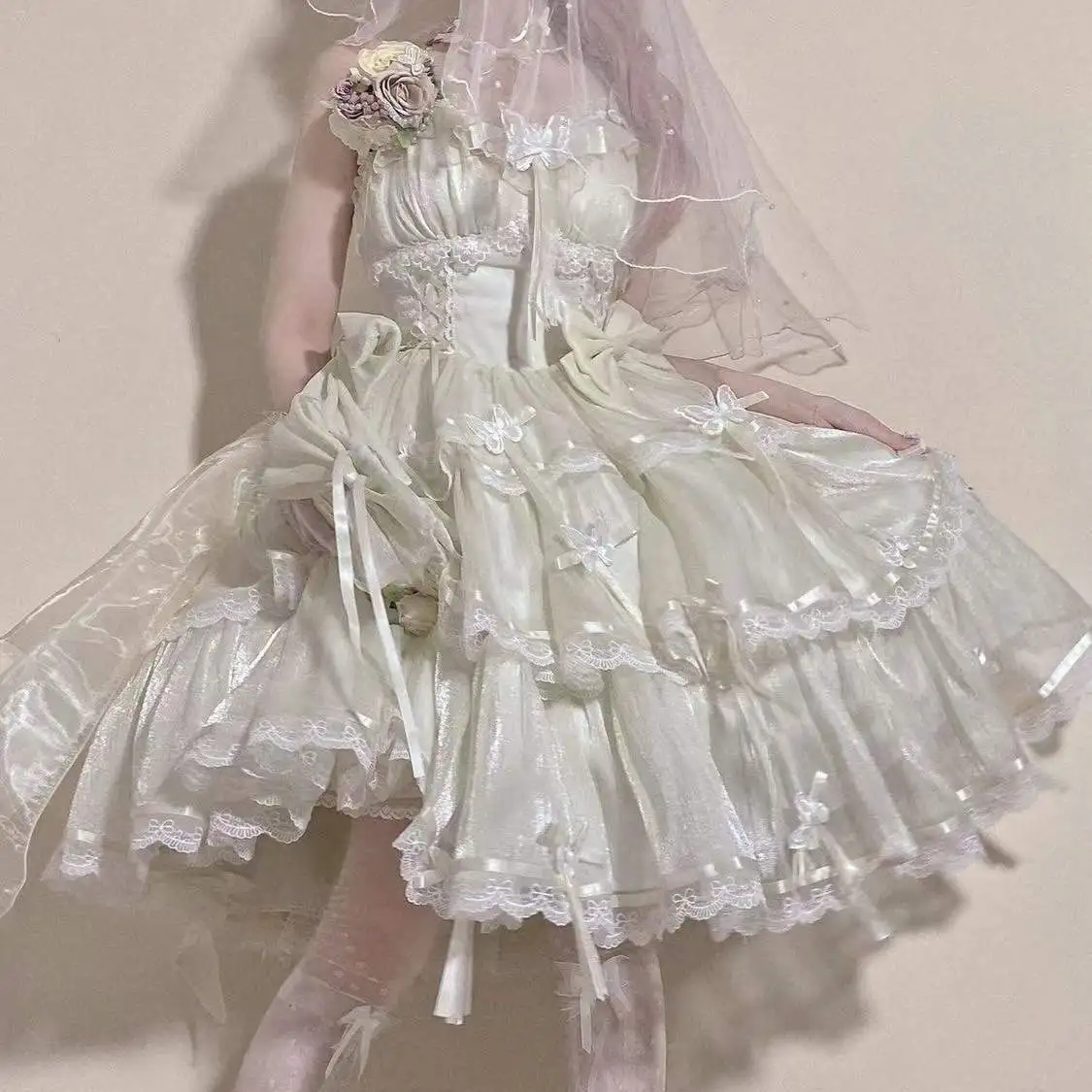 Weet Lolita Jsk Dress Miss Fula JSK Gauze Version Fairy Elegant Court Style Sleeveless Dress Bow Kawaii Lace Ruffles Lolita Dres