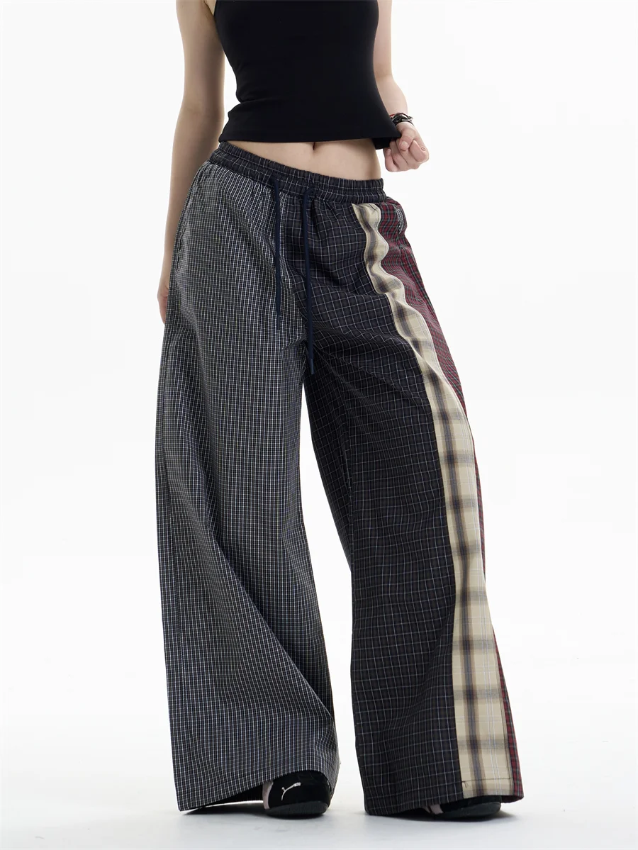 

Широкие брюки в американском стиле ретро, цветная клетчатая резинка на талии, повседневные свободные длинные брюки, универсальные молодежные брюки High Street