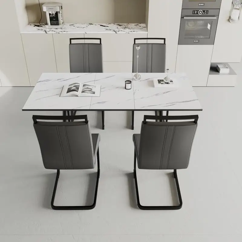 مجموعة طاولة طعام قابلة للتوسيع تتسع لـ 2-6 أشخاص، تتضمن كراسي أنبوبية بدون ذراع على شكل حرف C وطاولة طعام أنيقة ذات أرجل معدنية لـ