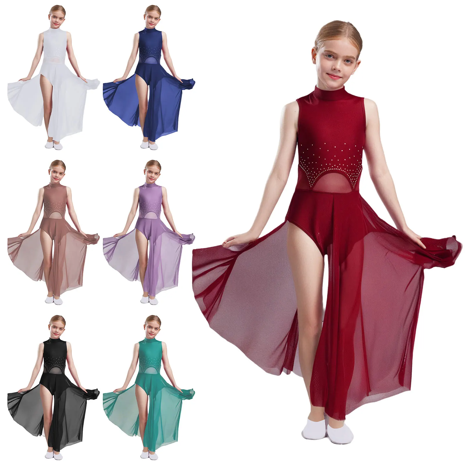 الفتيات فستان رقص غنائي الراين الباليه فستان معاصر بلا أكمام بقماش شفاف سبليت الجمباز الشكل التزلج ازياء #5