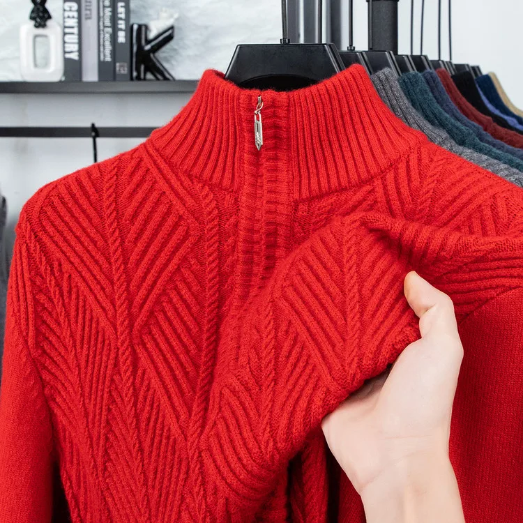 

Мужской зимний утепленный вязаный свитер на молнии с высоким воротником, теплый, модный, повседневный, с длинными рукавами