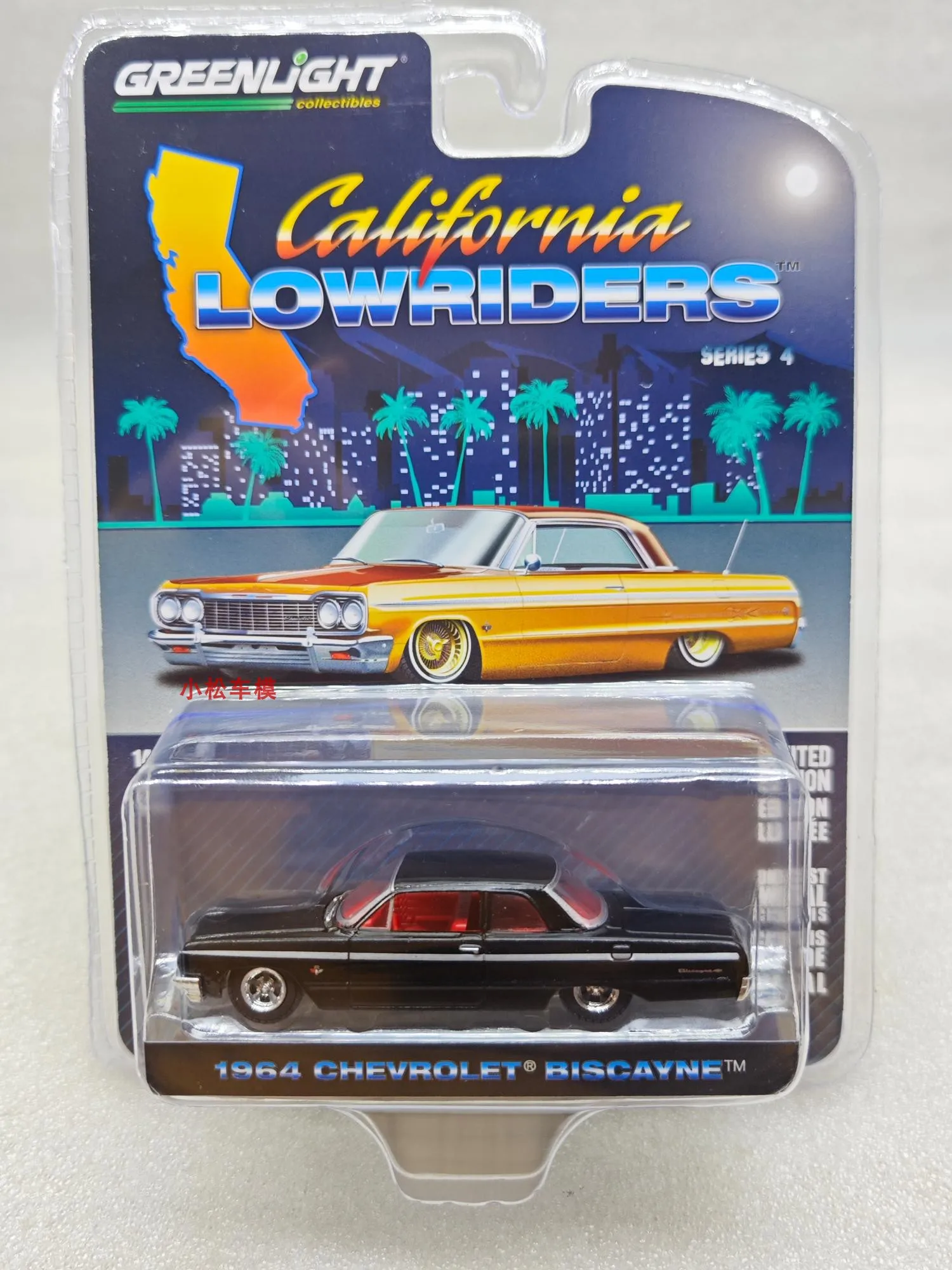 

Green Light 1:64 California Low Slung Series 4-1964 Chevrolet Biscayne - Black And Red Interior Car Model Collection Gifts Toys