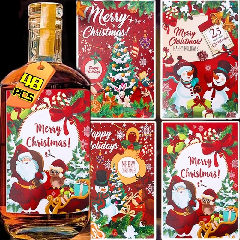 12/48PCS New Self-Adhesive Vinyl Wine Sticker Christmas Red Wine Bottle Label DIY Santa Claus Xmas Tree Paper Sticker Party Wrap