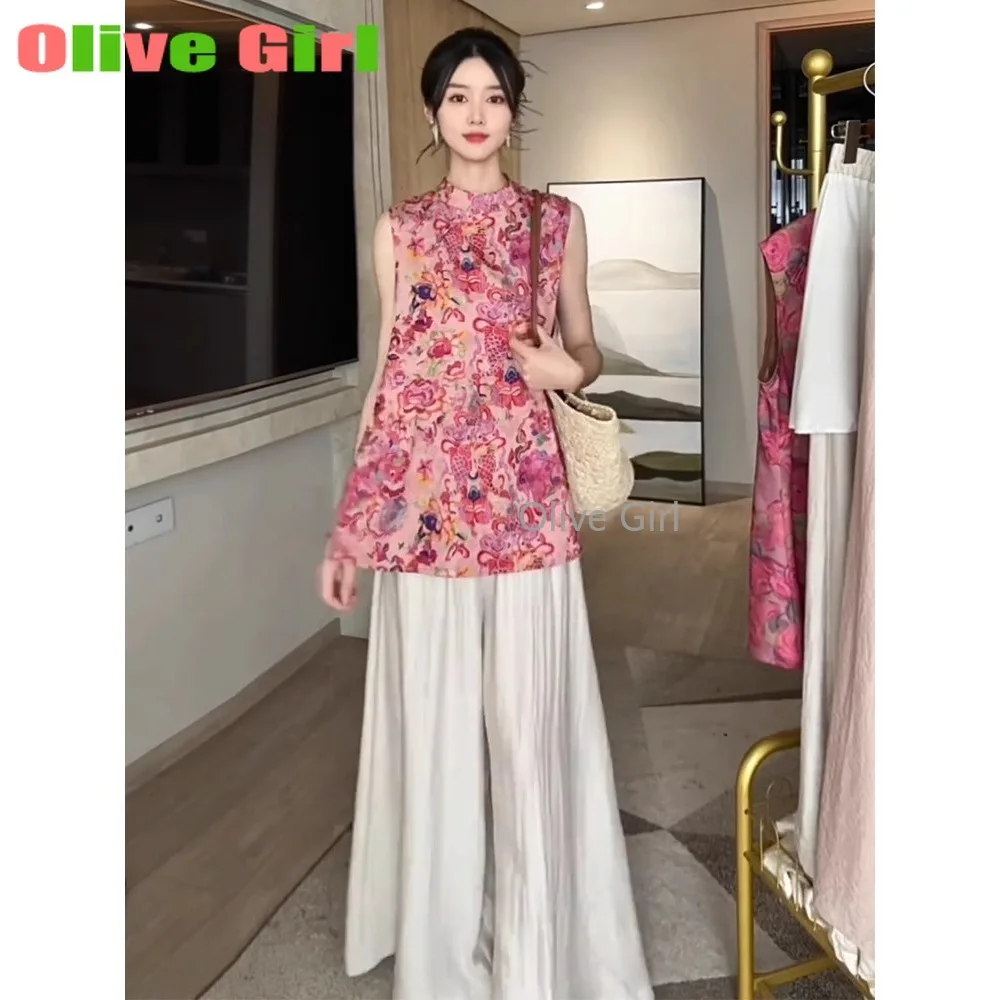 

Оливковый топ для девочек, женская одежда больших размеров, летний традиционный китайский жаккардовый топ без рукавов большого размера, свободные широкие брюки