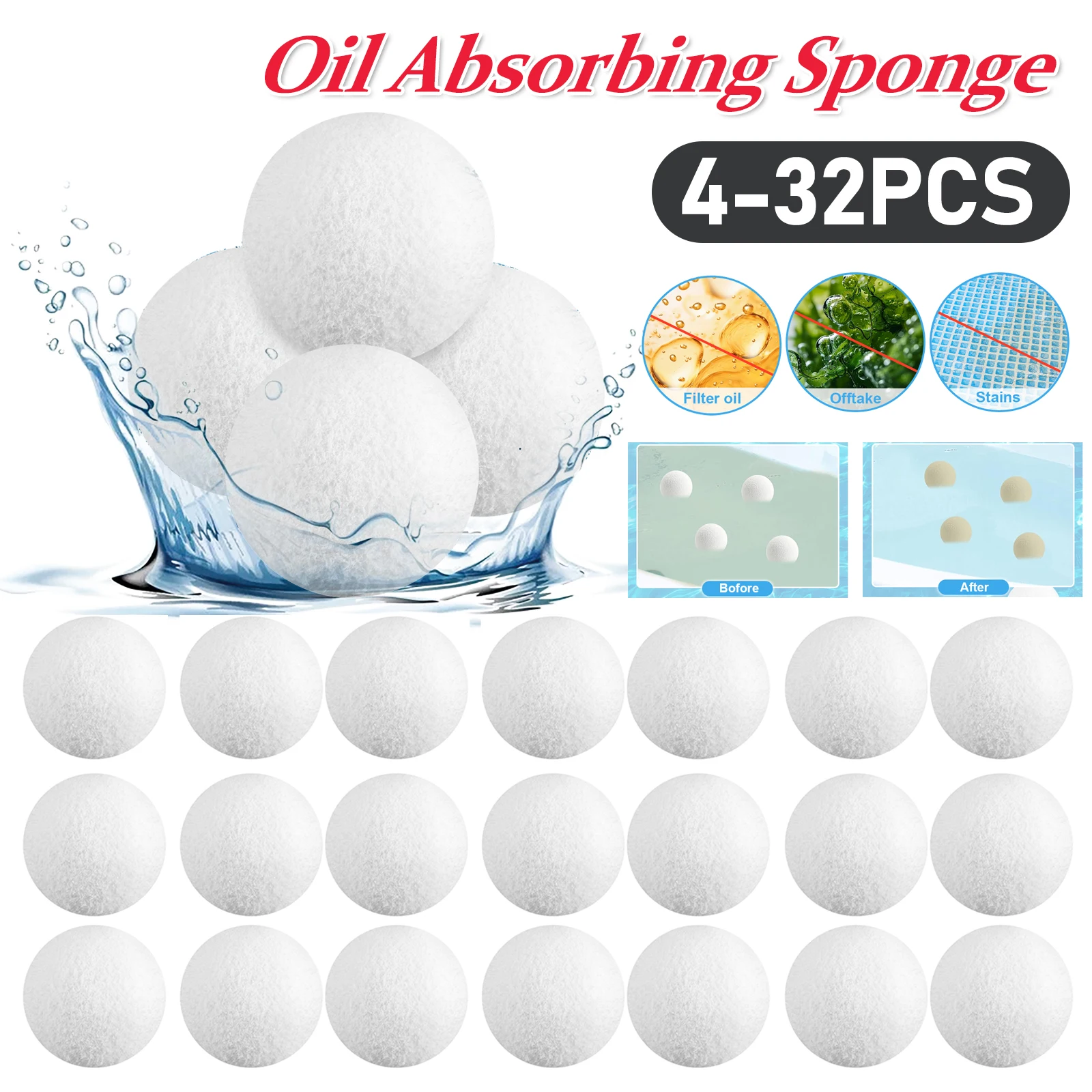 4-32PCS Swimming Pool Filter Sponges Scum Eliminating Ball Oil Absorbing Sponge Tub SPA Oil Absorbing Sludge Cleaning Tool