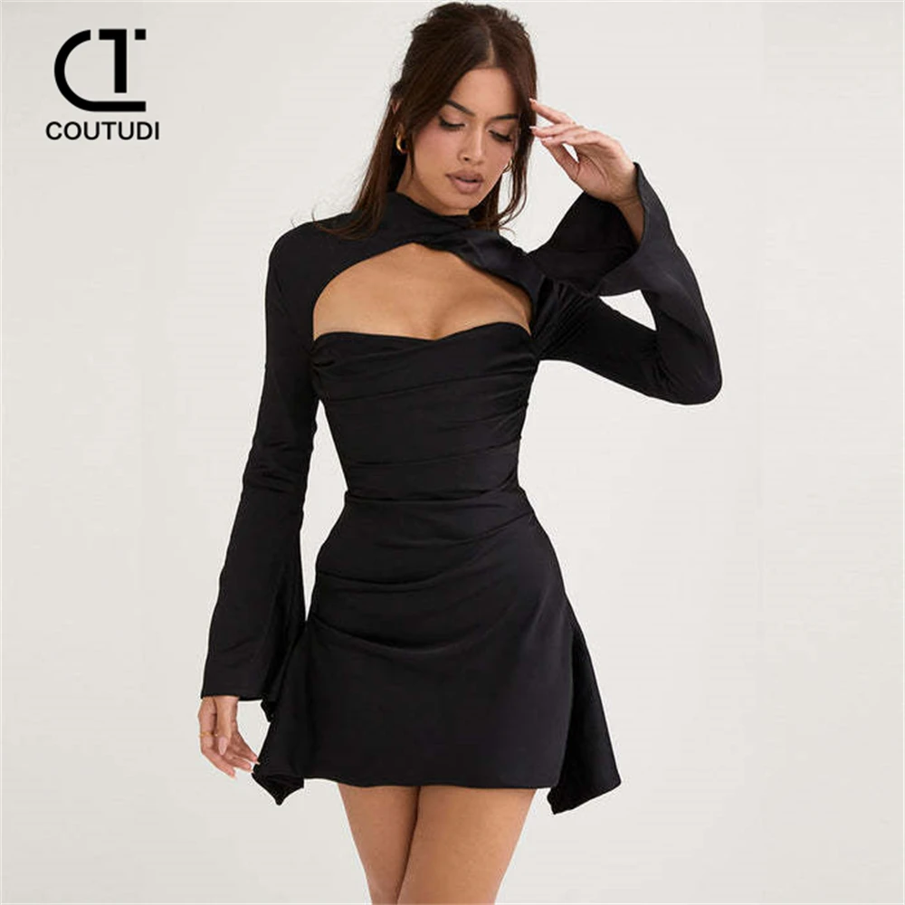 COUTUDI-vestido de satén de manga larga para mujer, vestido de noche blanco Sexy, vestido de noche para invitados de boda, Mini vestido drapeado para fiesta, vestido de cumpleaños