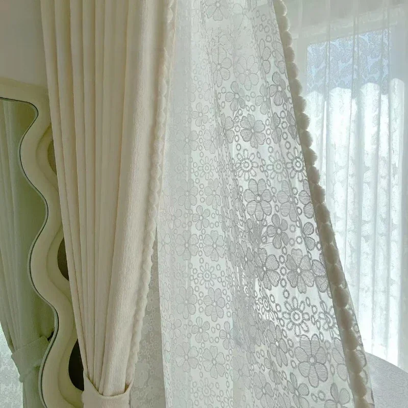 

Cream Curtains for Living Dining Room Bedroom Breeze Simple Modern Solid Cream Pom Pom Cherubs Custom Size White Tulle Decor