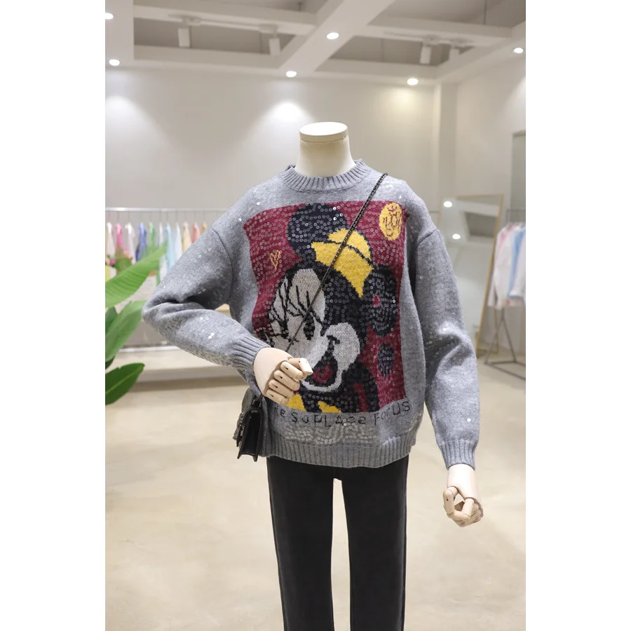 Sequined Cartoon Printed Round Neck Pullover Long Sleeve Sweater Women 2024 Spring and Autumn New Versatile Loose Sweater Women