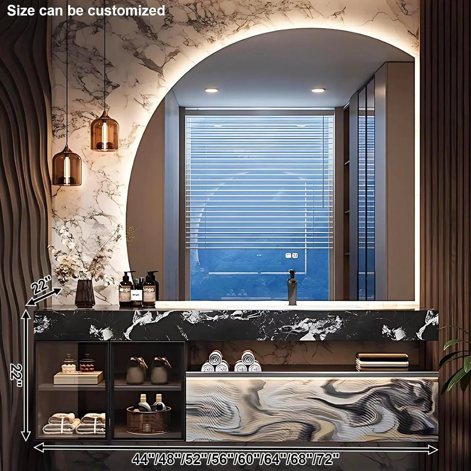 

Modern Luxury Design Wood Wall-Mounted Smart Defog Arched LED Mirror Ambient Light Strip Floating Bathroom Vanity Sink