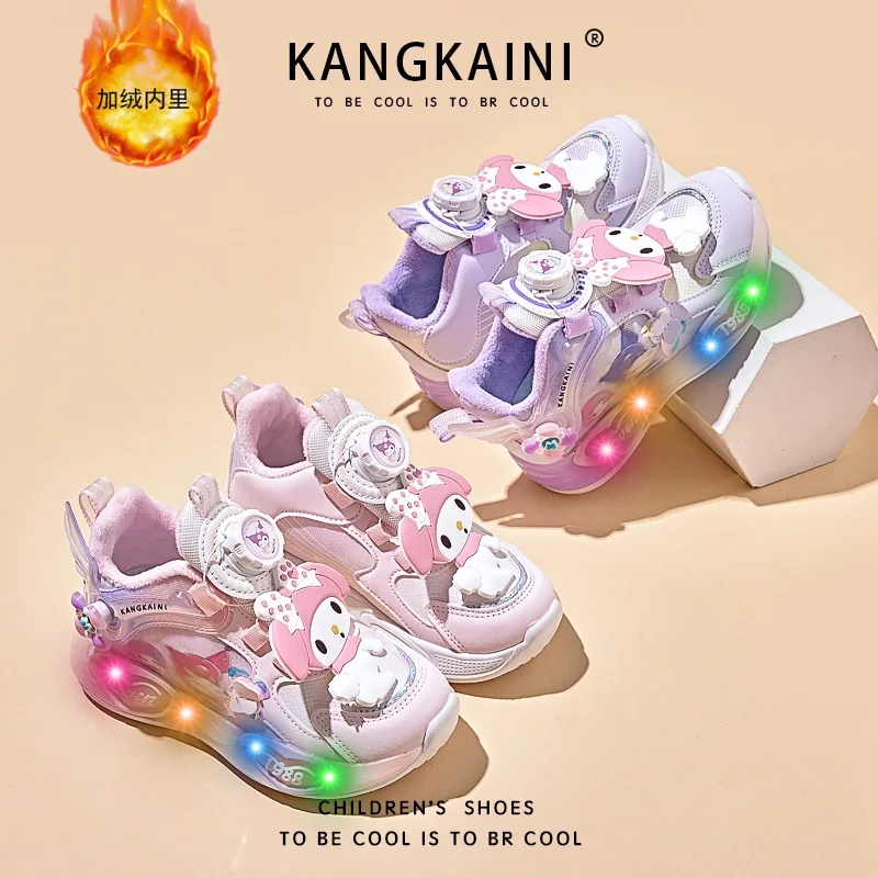 

Sanrio Girl My Melody Kawaii, модная светящаяся обувь на флисовой подкладке, студенческая зимняя теплая детская повседневная обувь с героями мультфильмов, новый стиль