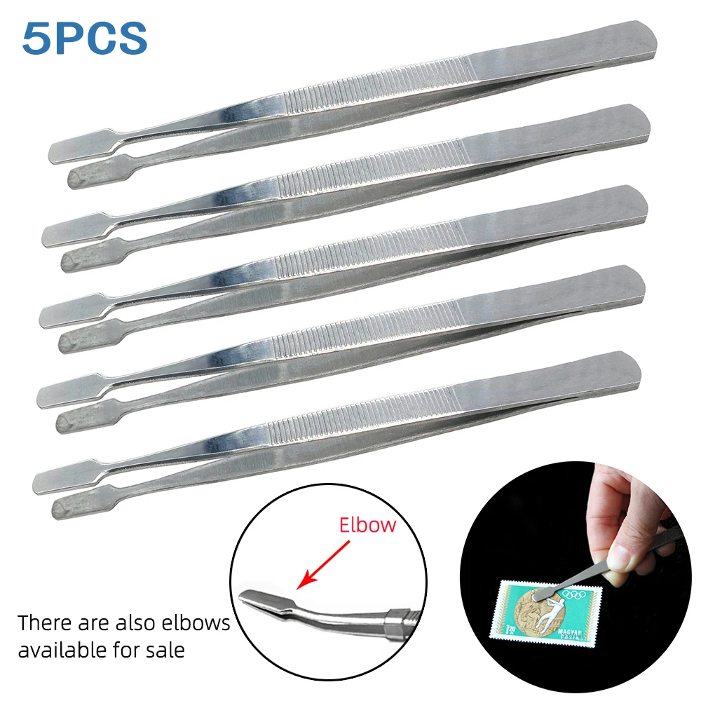 5pcs Stamp Tweezers Stainless Steel Philately Stamps Collector Tools Eyelash Curler Handmade DIY Flat Head Label Paper Tweezers