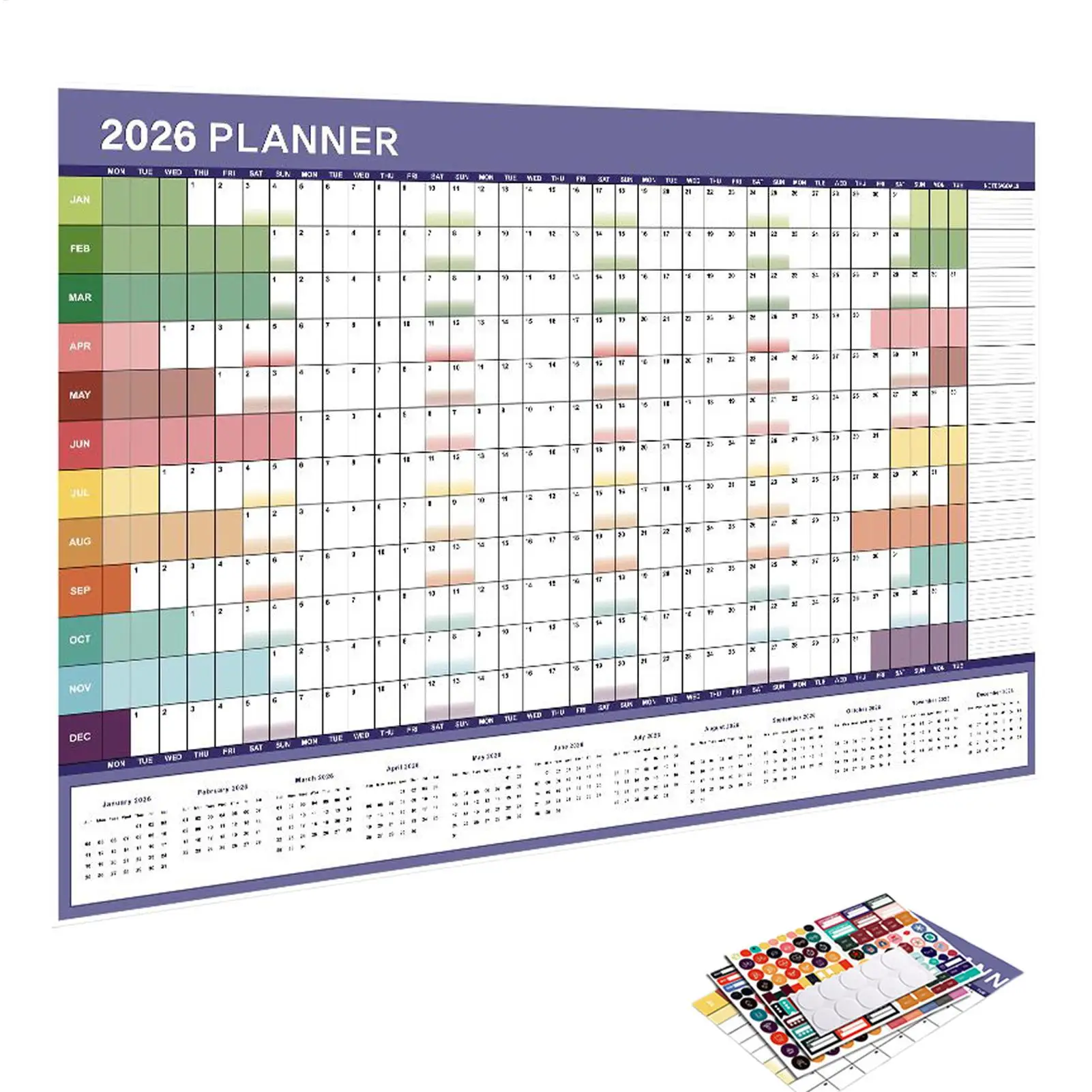 Calendario de pared de Año Nuevo 2026, planificador mensual, calendario de pared, organizador de programación reutilizable para el trabajo, estudio, familia, niños, dormitorio, escritorio
