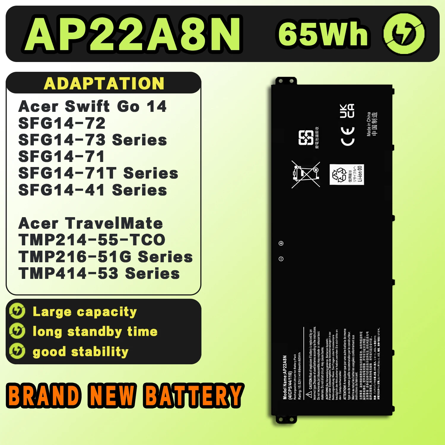 SAT AP22A8N New Laptop Batteries Replacement For ACER Swift Go SFG14-72/SFG14-73 TMP214-55-TCO/TMP216-51G/TMP414-53 15.52V-65Wh