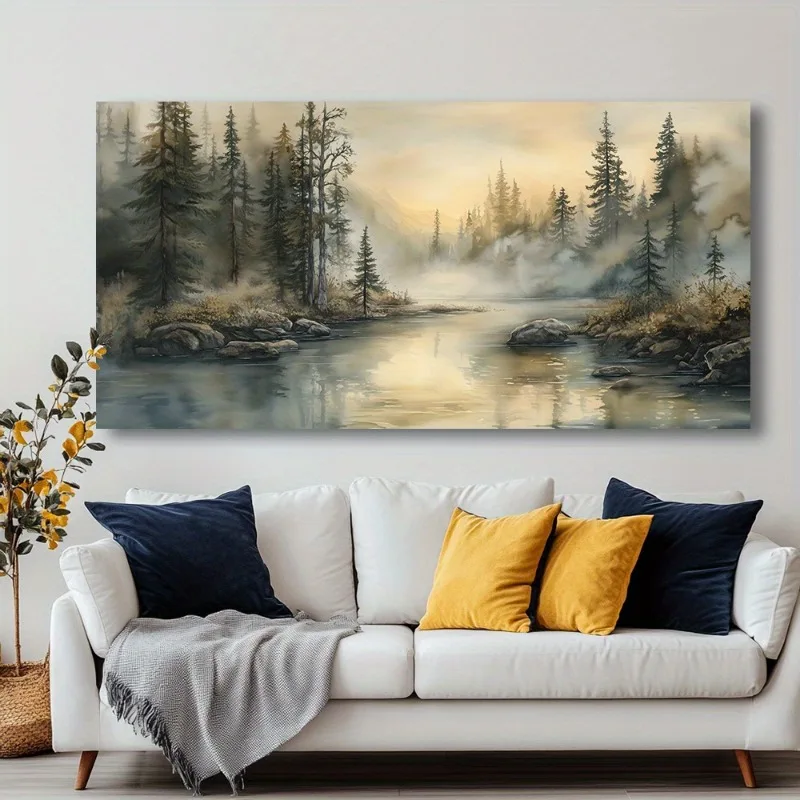 Canvas Wall Art Misty Forest Lake Modern Abstract Painting Frameless Picture Living Room Bedroom Office Home Decora High Quality