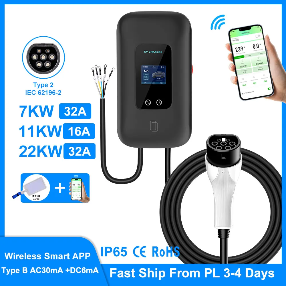 

16/32A Type2 EV Charging Station 7/11/22KW 5M Cable Wallbox Chargers Current Adjustable WIFI APP Control EV Charging Accessories