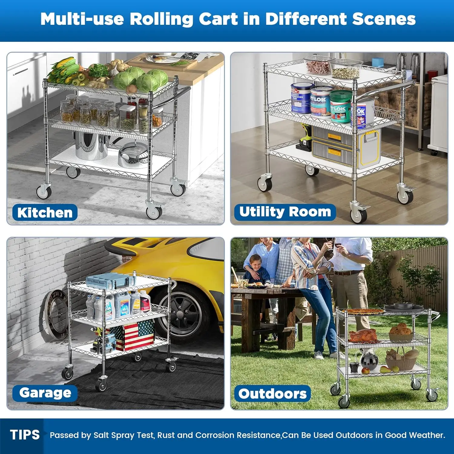 Carrelli rotanti a 3 livelli con ruote, carrello multiuso con ruote per carichi pesanti da 990 libbre, carrello in metallo di grado commerciale NSF con maniglia e rivestimento per mensola,