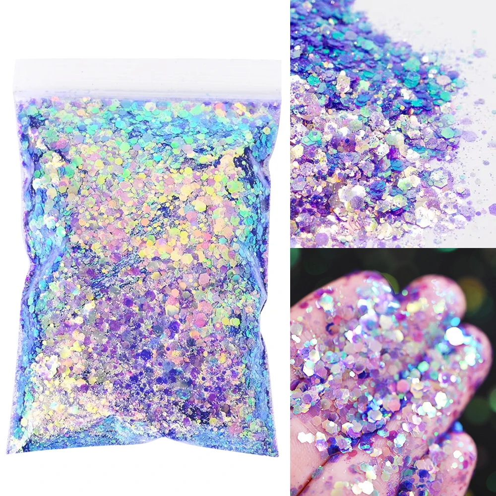 50g/bag Mixed Hexagon Sequins & Fine Glitter Powder Holographic Chunky Hex Flakes Thin Glitter DIY Nail Art Eye Makeup Glitter