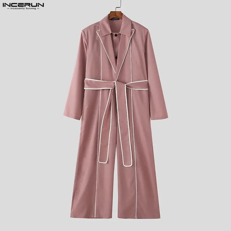 

Мужские комбинезоны INCERUN с поясом, в стиле колор-блок, с лацканами, длинными рукавами, уличная одежда, свободные модные комбинезоны для мужчин