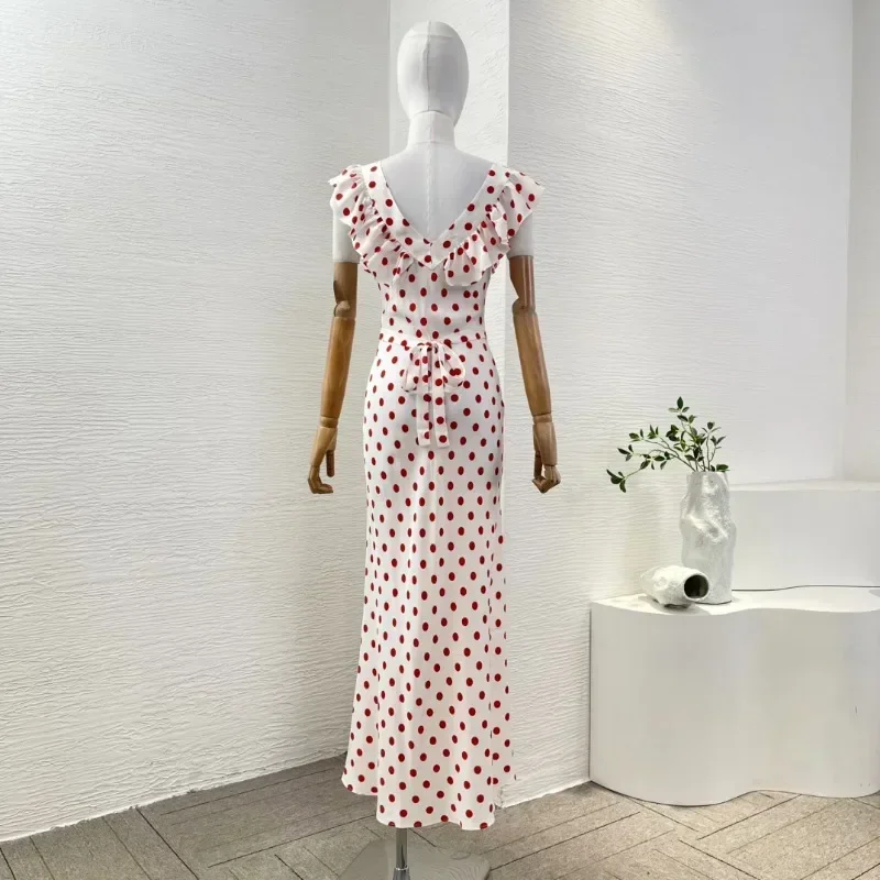 Classic 2025 New Women's White Red Dot Print Sleeveless High Quality Ruffles Holiday Spring Summer Midi Dresses