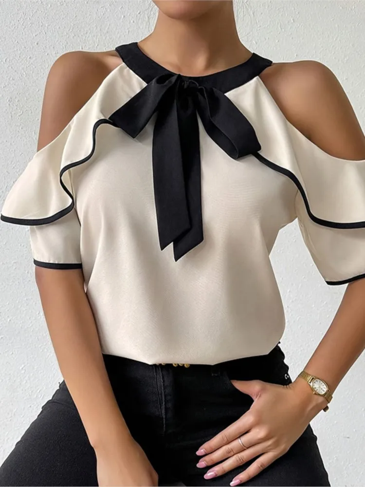 

Summer Elegant O Neck Bow Strap Women Blouses New Stylish Off Shoulder Double Ruffled Short Sleeve Shirts All-Match Solid Top