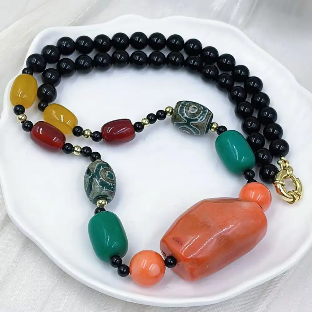 Retro Vintage Natural Black Agate Sea bamboo Orange Coral Beaded Party Jewelry Necklace