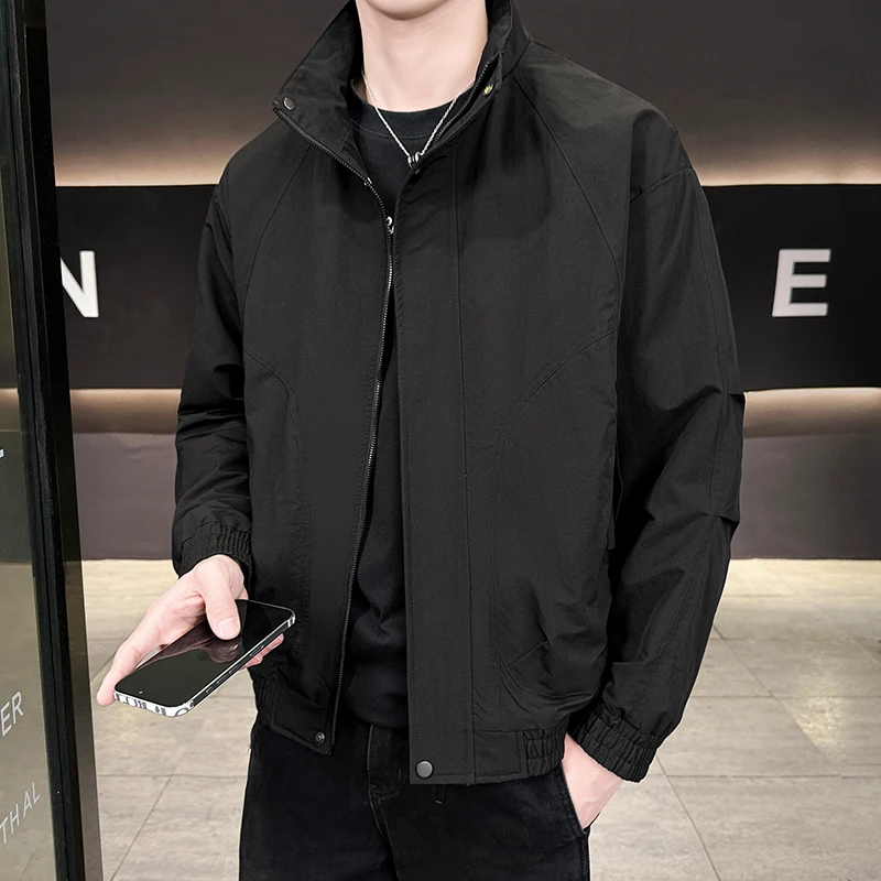 

Мужская повседневная куртка свободного кроя на молнии с воротником-стойкой, однотонная, с длинными рукавами, для весны и осени, молодежная, модная верхняя одежда