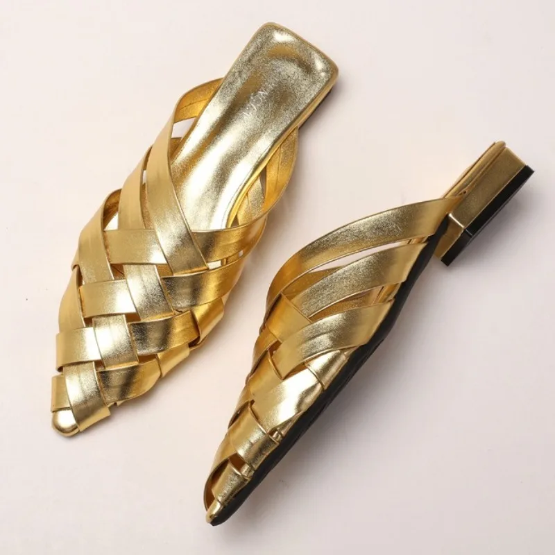 

Золотые тканые тапочки в римском стиле, женские модные шлепанцы с острым носком, удобные пляжные сандалии на мягкой подошве, Zapatos De Mujer