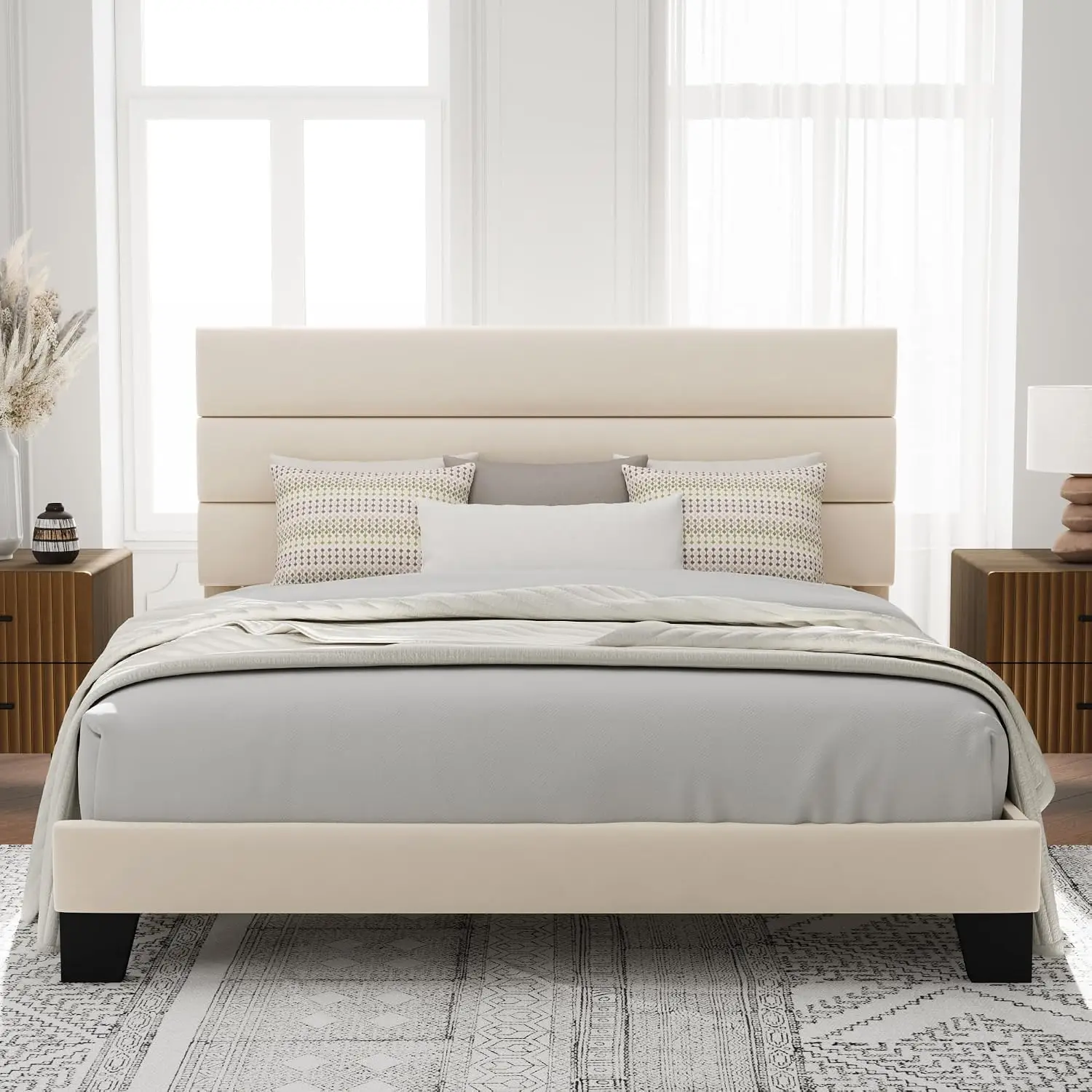 Twin Size Platform Bed Frame with Fabric Upholstered Headboard and Wooden Slats Support, Fully Upholstered Mattress, Customized