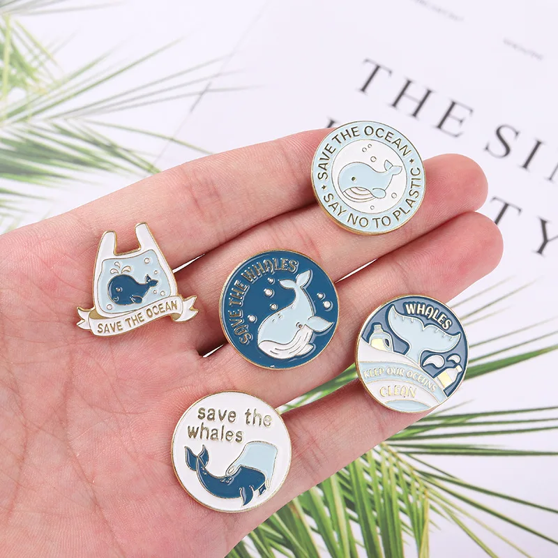 Save the Ocean Enamel Pins Stop Plastic! Brooch Humpback Whale Tail On the Sea Lapel Pin Badges Whale Clother Jewelry Wholesale