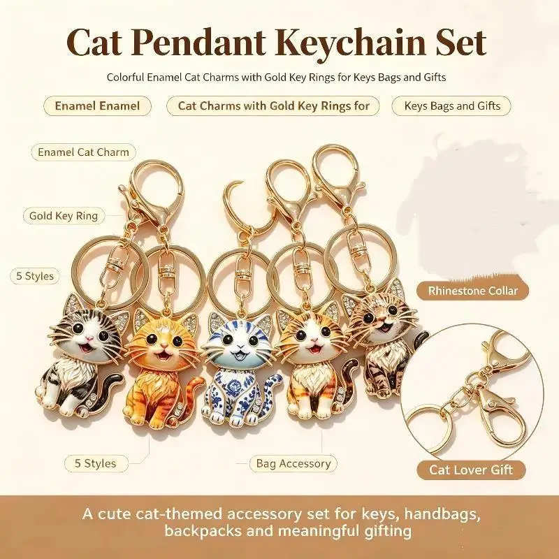 Katzen-Schlüsselanhänger im Paar-Stil, Emaille-Legierung, Kätzchen-Anhänger, 5 Farben, trendiger Schlüsselring für Männer und Frauen, zur Dekoration von Handtaschen und Rucksäcken – Detail 2