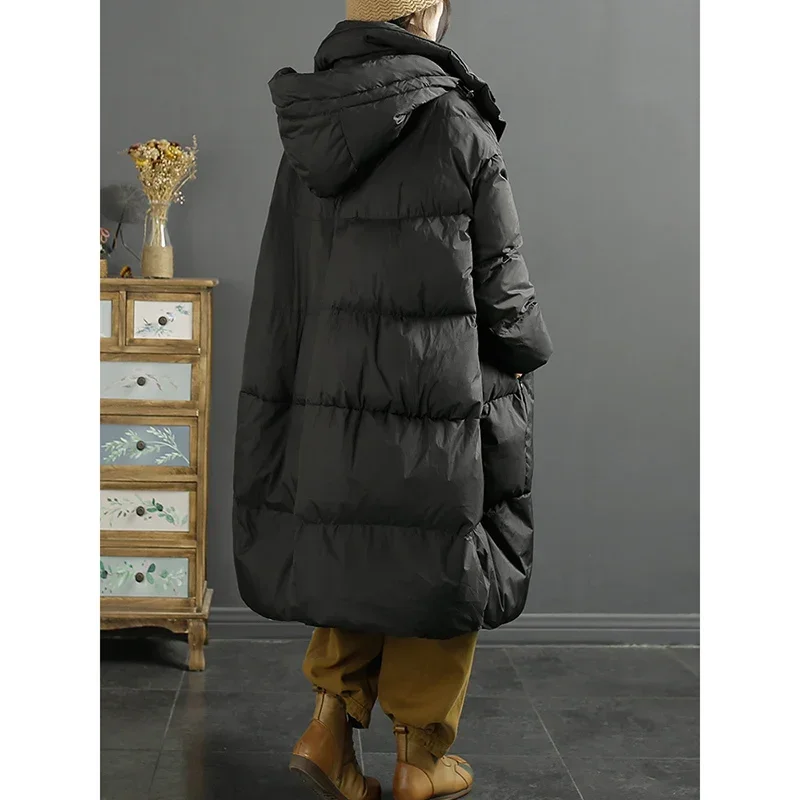 New Women Down Jacket Casual Loose Over Size Autumn Winter Long Outwear with Hood Warm White Duck Down Thick Coat 2024 New