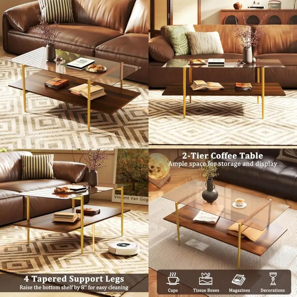 

Mid Century Modern Coffee Table with Amber Tempered Glass and Walnut Storage Shelf