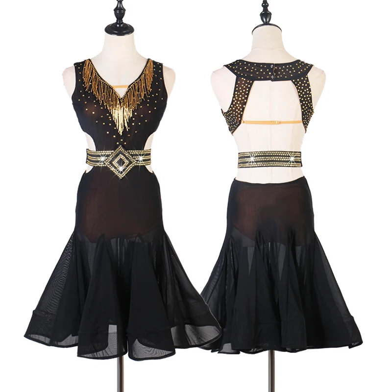 مثير عارية الذراعين اللاتينية فستان رقص المرأة السوداء الخامس الرقبة فساتين السامبا سامبا تشا تشا أزياء رقص الكبار أداء Dancewear 4248