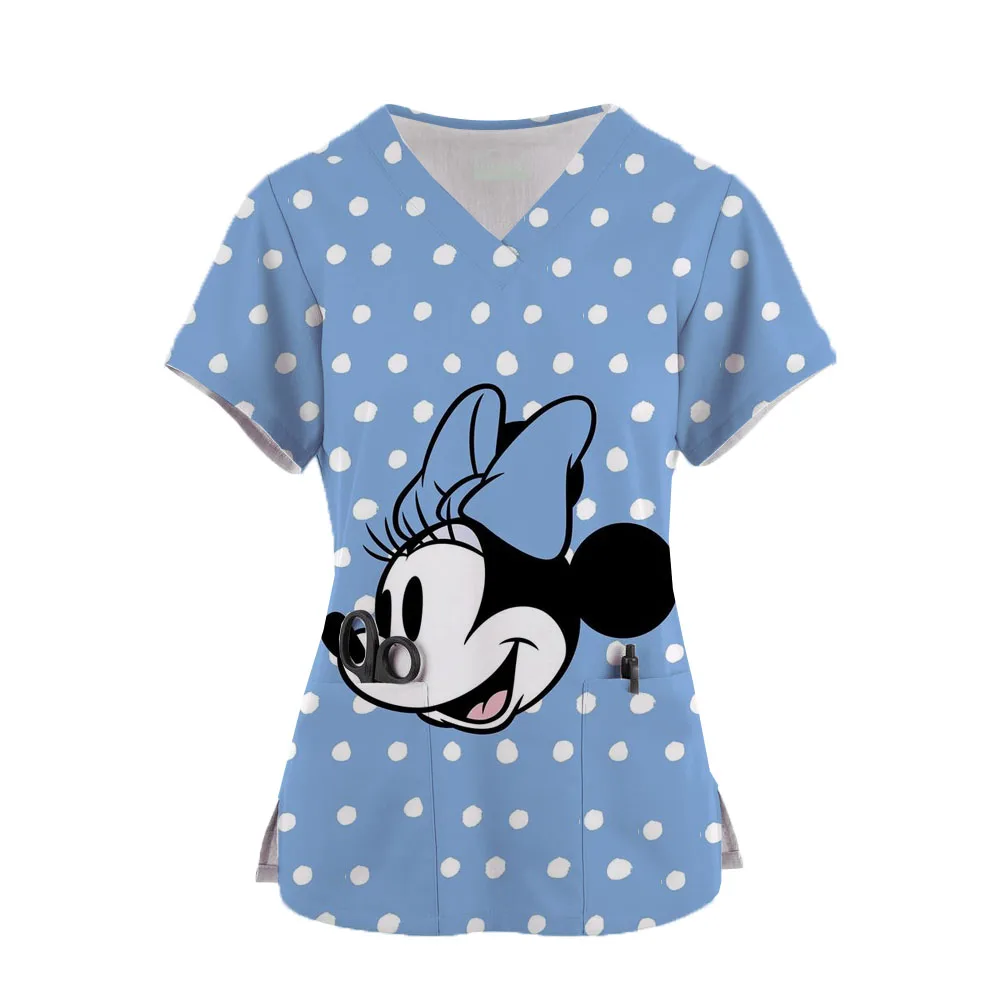 Miniso Women Nurse Uniform Disney Mickey Mouse Print Tops V-Neck Pocket Medical Uniforms Minnie Nursing Scrubs Tops Hospital