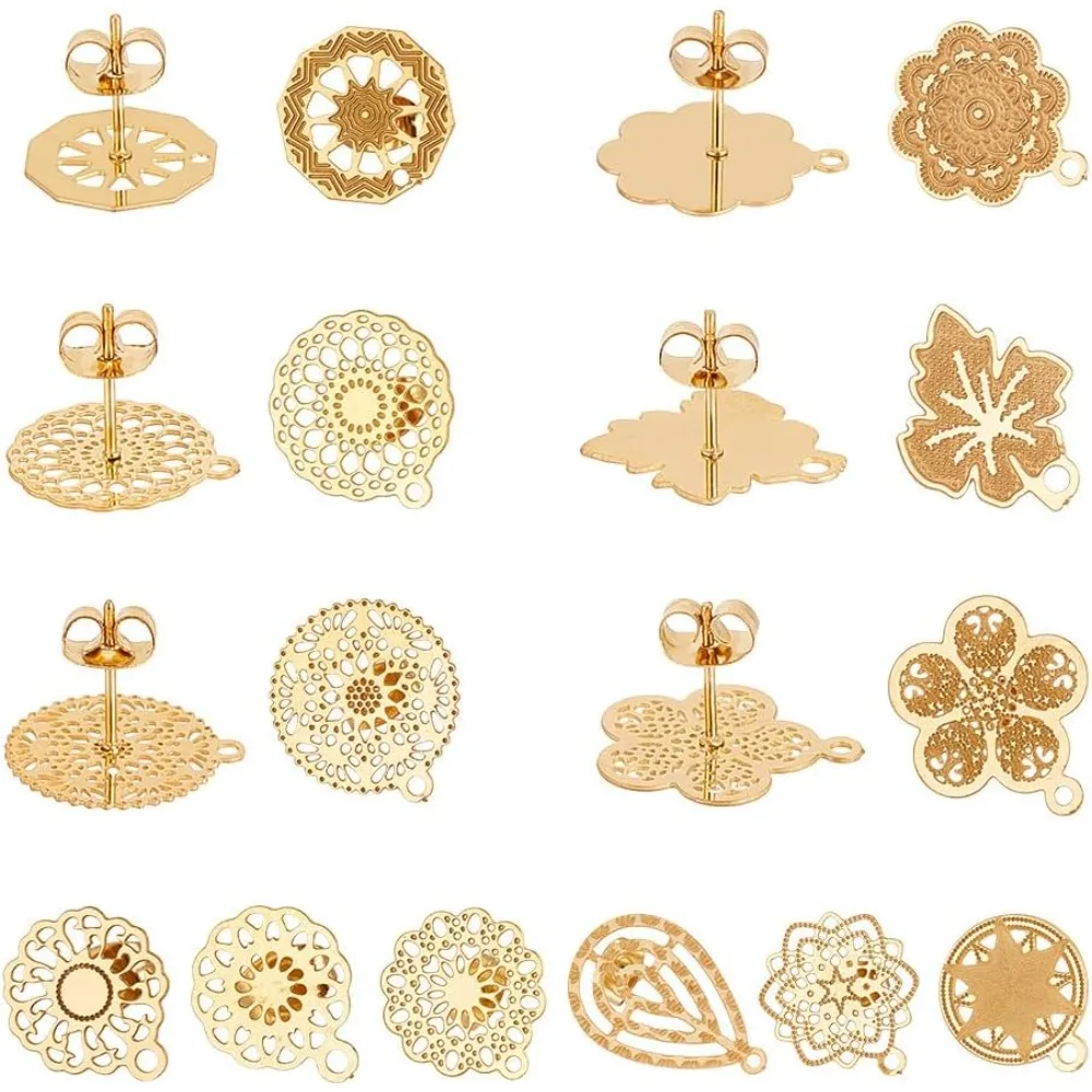 

24pcs 12 Styles Golden Bohemian Stud Earring Findings Stainless Steel Ear Stud Component with Loop Butterfly Stoppers 0.7mm Pin