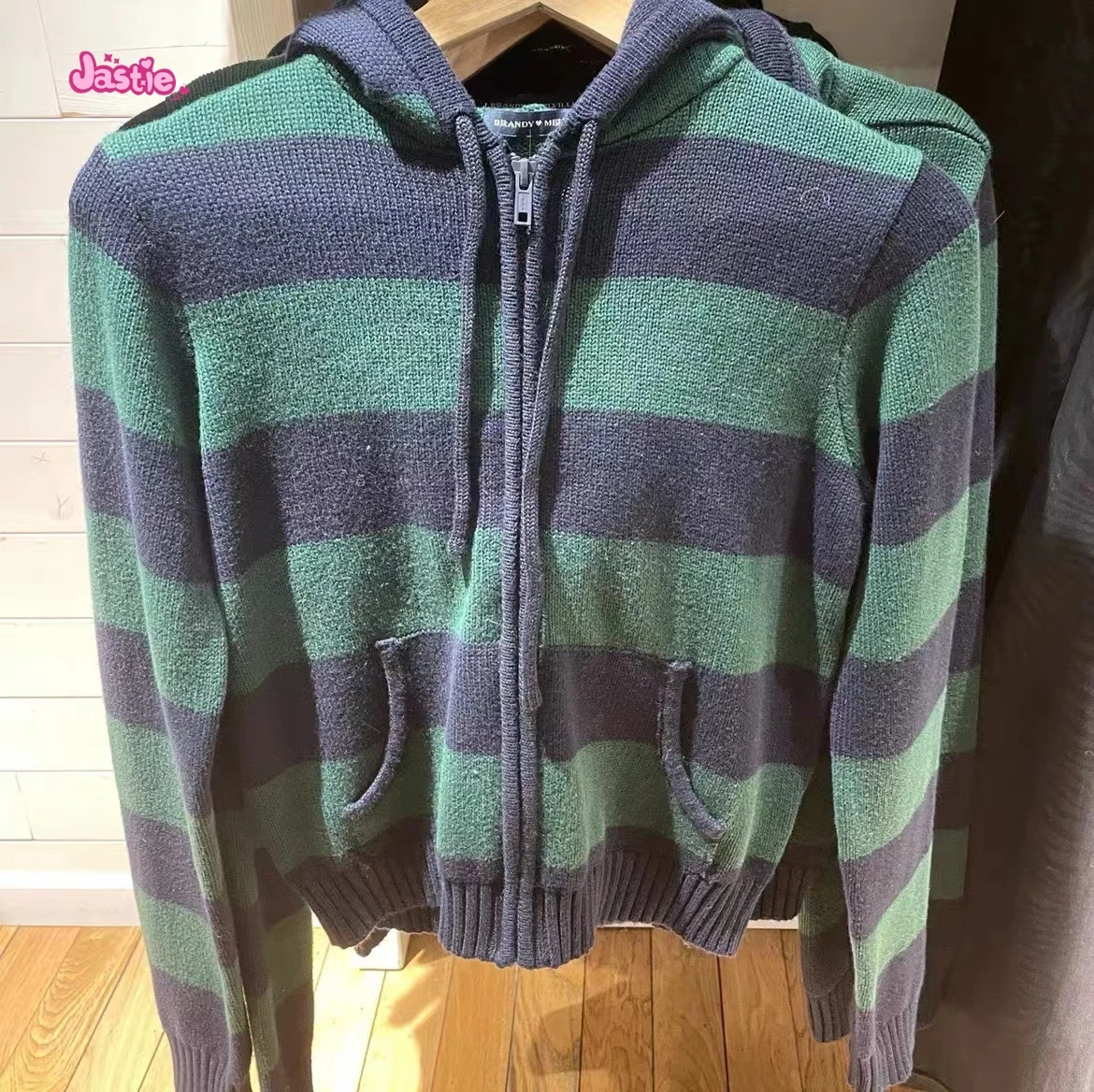 Retro Green Stripe Zipper Knitting Hoodie Slim Y2K Street Winter Sweater Cotton Blend Pocket Women Jackets Autumn Tops 2025 New