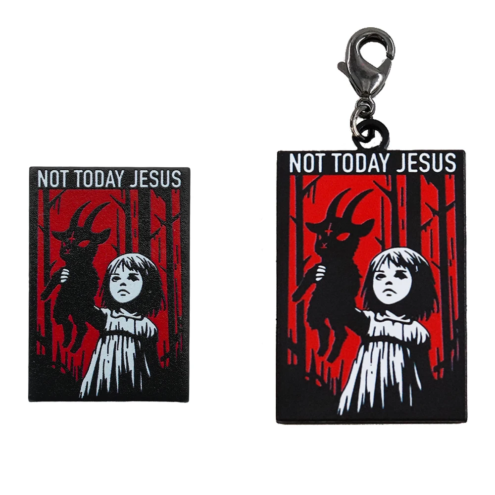 Not Today Jesus Atheism Satan Metal Keychain Scary Goat Girl Key Ring Sarcastic Pendant Atheist Humor Anti-Religious Halloween G