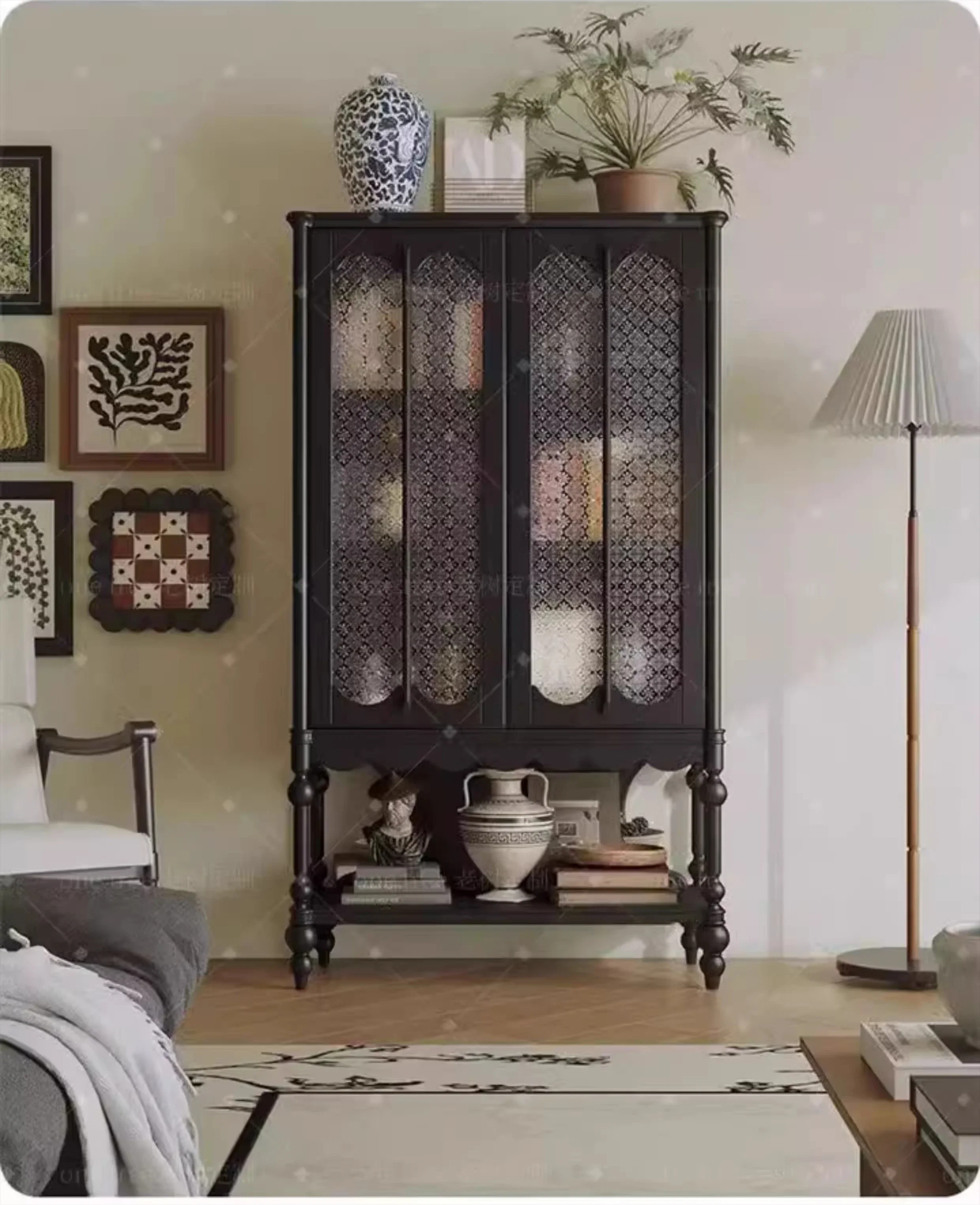 

Solid wood retro side cabinet decorative cabinet high-grade begonia glass door high-end wine cabinet