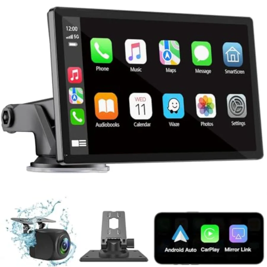

Wireless Carplay Screen for Car: 7 HD Portable Touchscreen Stereo ABS Plastic Black Supports Apple CarPlay Android Auto Mirror