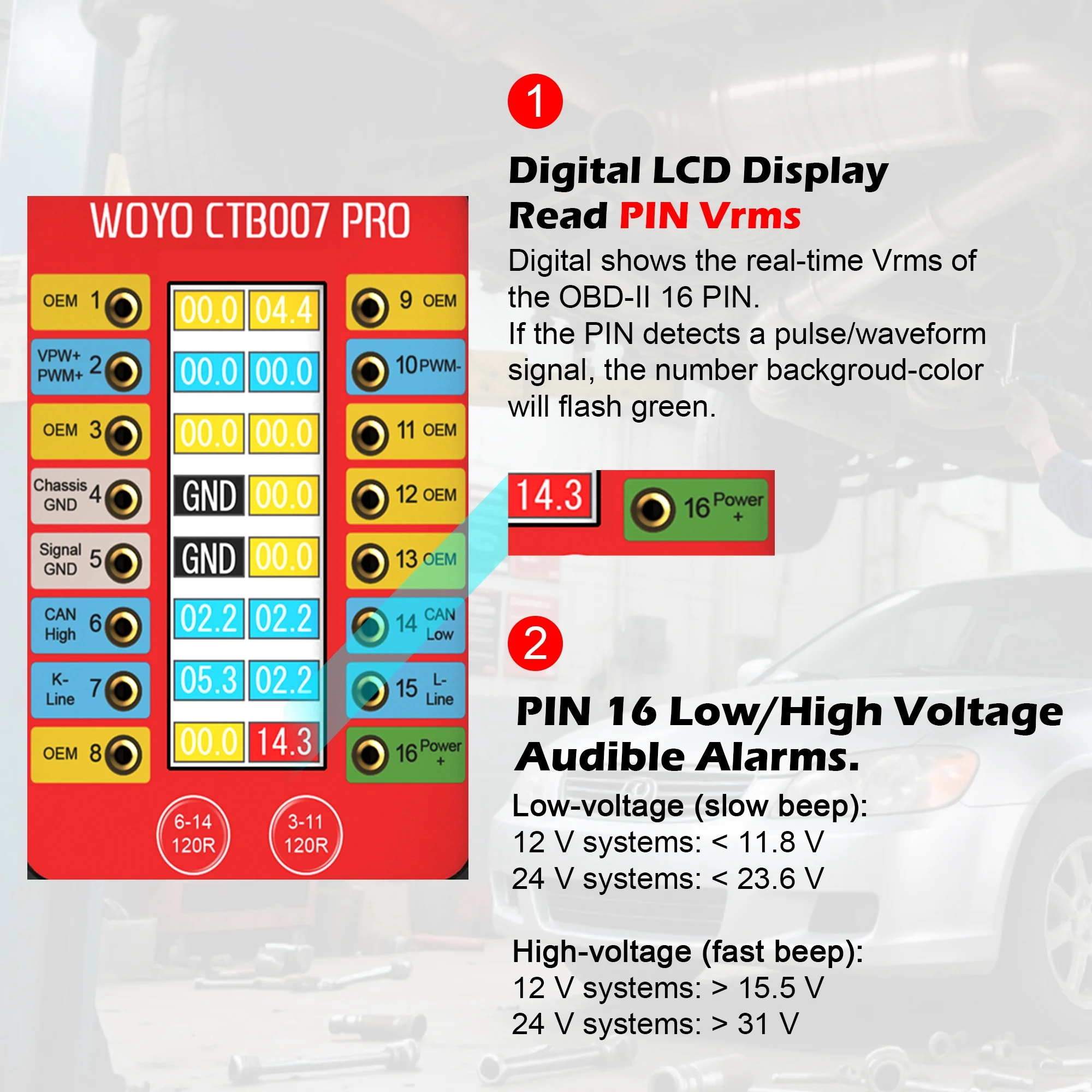 WOYO CTB007 PRO Caja de ruptura OBD2 con pantalla LCD Digital Vrms, herramienta de prueba de ECU en el banco, herramienta de diagnóstico automotriz, prueba CAN
