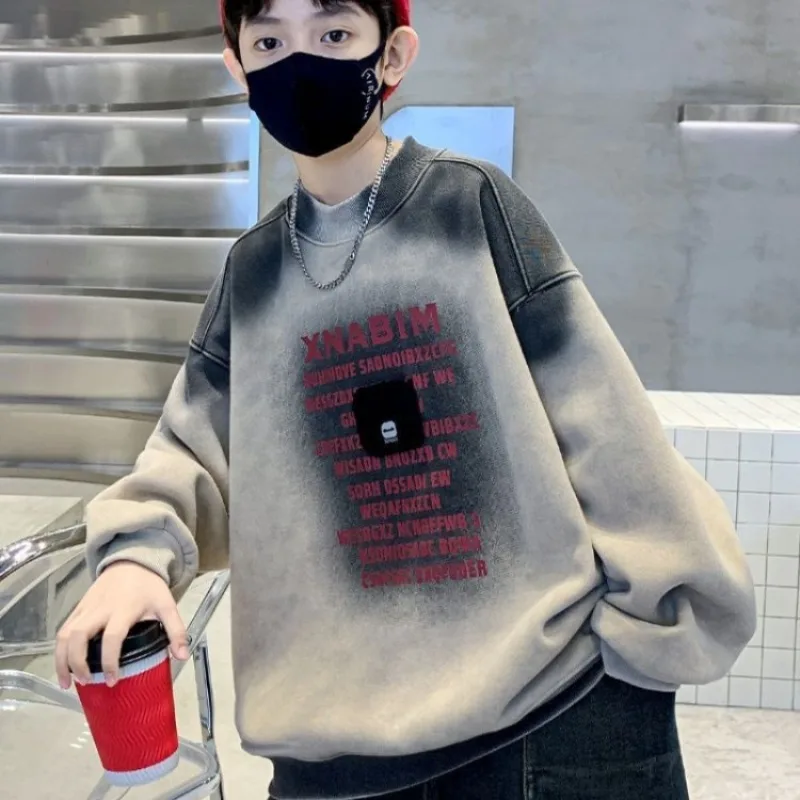

2025 New Boys' Long Sleeve Fleece-Lined Thickened Crewneck Sweatshirt Thickened Winter Middle To Large Size Kids' Stylish Top
