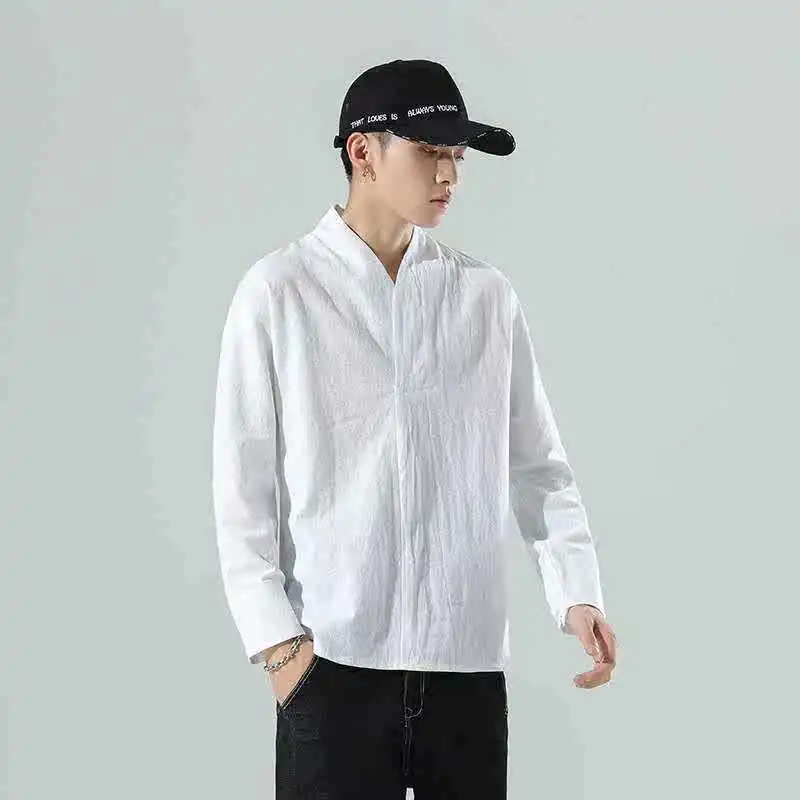 Jesienna męska koszulka z bawełny i lnu, luźna, z długim rękawem, efekt lodu, ochrona przed słońcem, przetwarzana technologią adual Sle ly ulation Dai...