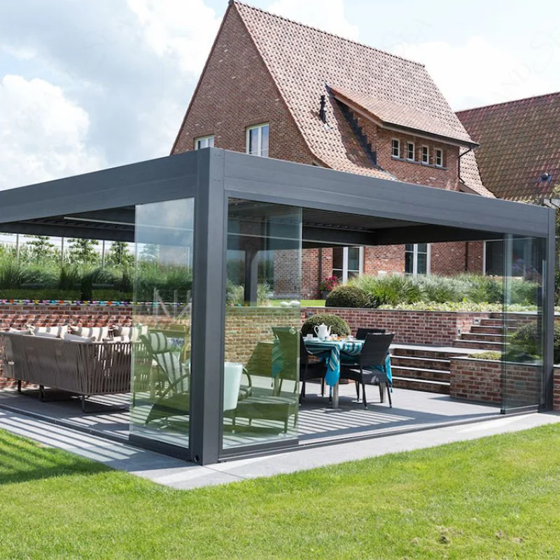 Custom. Aluminum Pergola with a Waterproof Glass Sliding Roof System for Gardens, Restaurants, and Houses