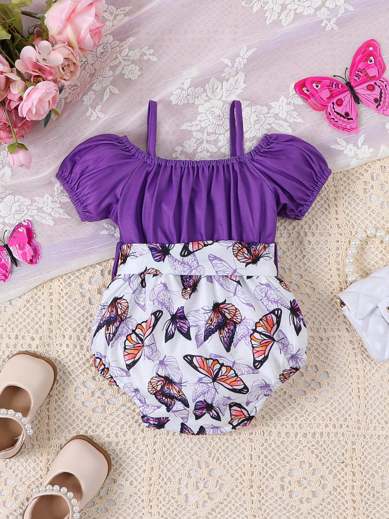 Summer camisole off shoulder lantern sleeve patchwork butterfly printed baby girl triangle jumpsuit