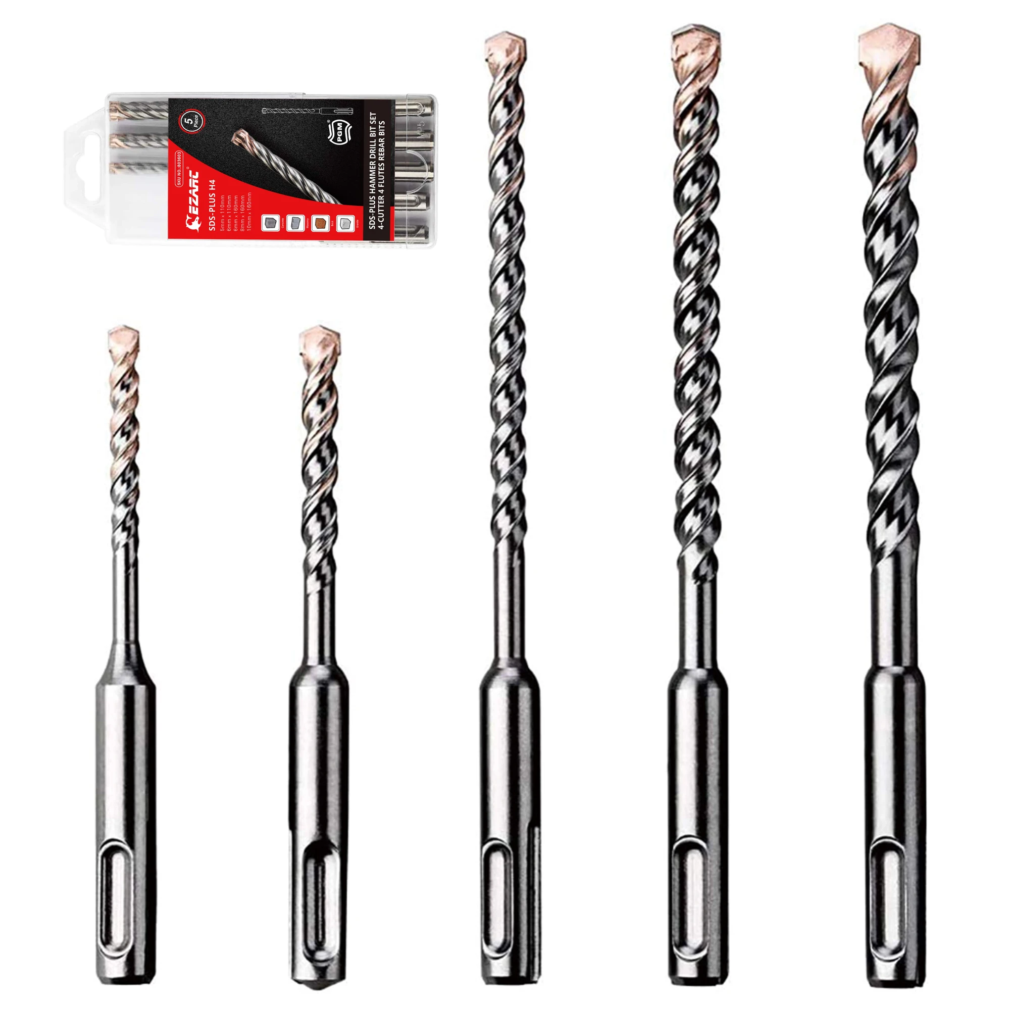 

EZARC 110mm & 160mm SDS-Plus Hammer Drill Bits 5/6/8/10mm, 5PCS PGM Masonry Drill Bit Set, 4-Cutter Carbide Tips for Brick Tile