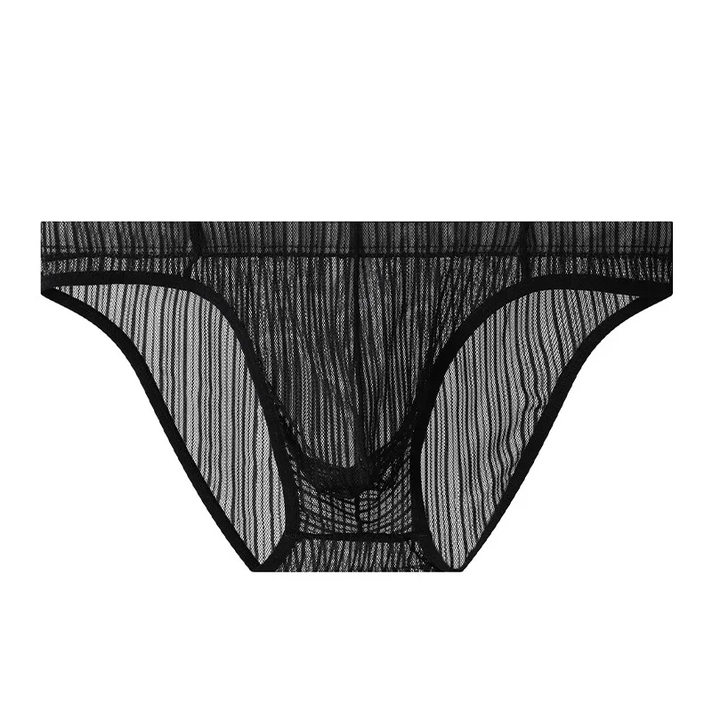 Men Briefs Stripe Mesh Ice Silk Underwear Ultra-Thin Bikini Breathable Translucent U Convex Pouch Exotic Lingerie String Homme