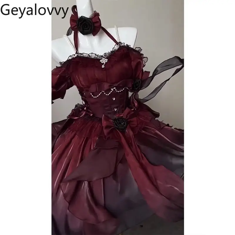 الأسود والأحمر التغيير التدريجي الحلو عالية الخصر فستان الزفاف لوليتا كلمة واحدة طوق الرقبة القوس رقيق فساتين حفلات الأميرة