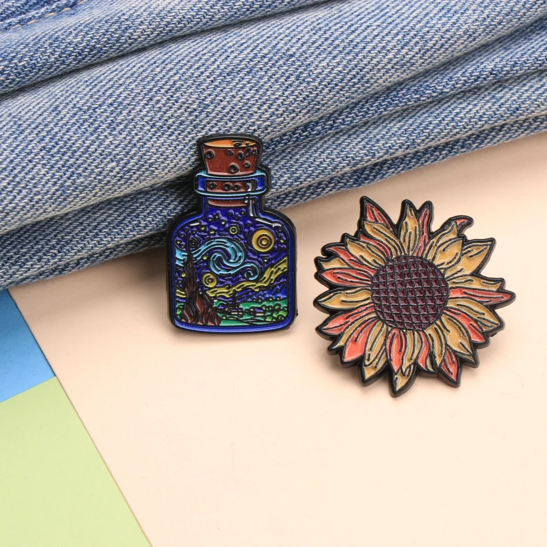 MDKES Bouteille de nuit étoilée et épingles en émail tournesol, Badges artistiques à revers pour sac à dos et veste, bijoux à bricoler soi-même, cadeau